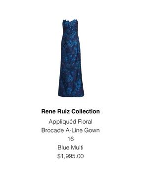 Rene Ruiz Collection Blue Multi Appliquéd Floral Brocade A-Line Gown